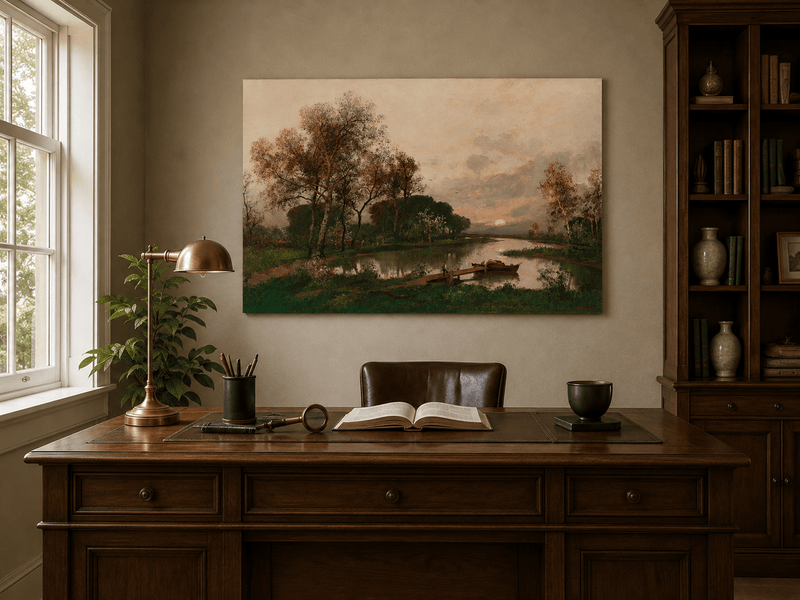 Peinture à l'huile de paysage - Village côtier avec phare et coucher de soleil