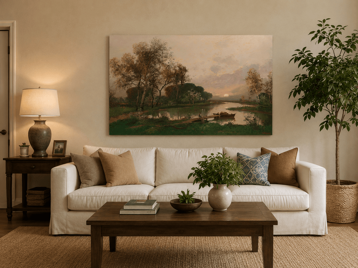 Peinture à l'huile de paysage - Village côtier avec phare et coucher de soleil