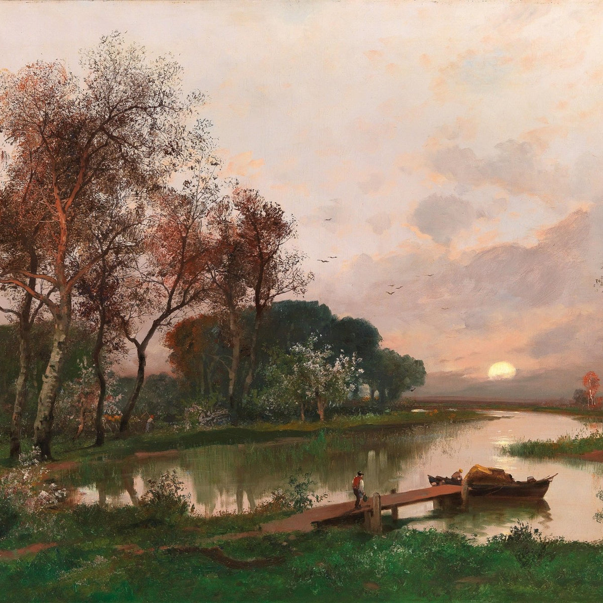 Hand-painted sunset river with boat and birches landscape oil painting on canvas