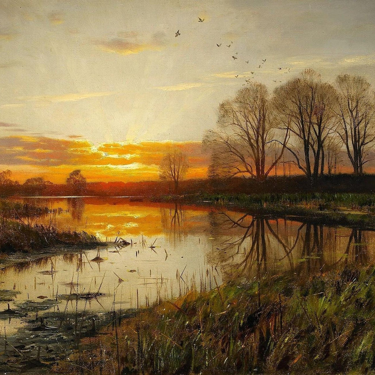 Hand-painted sunset river with reflections and trees landscape oil painting on canvas