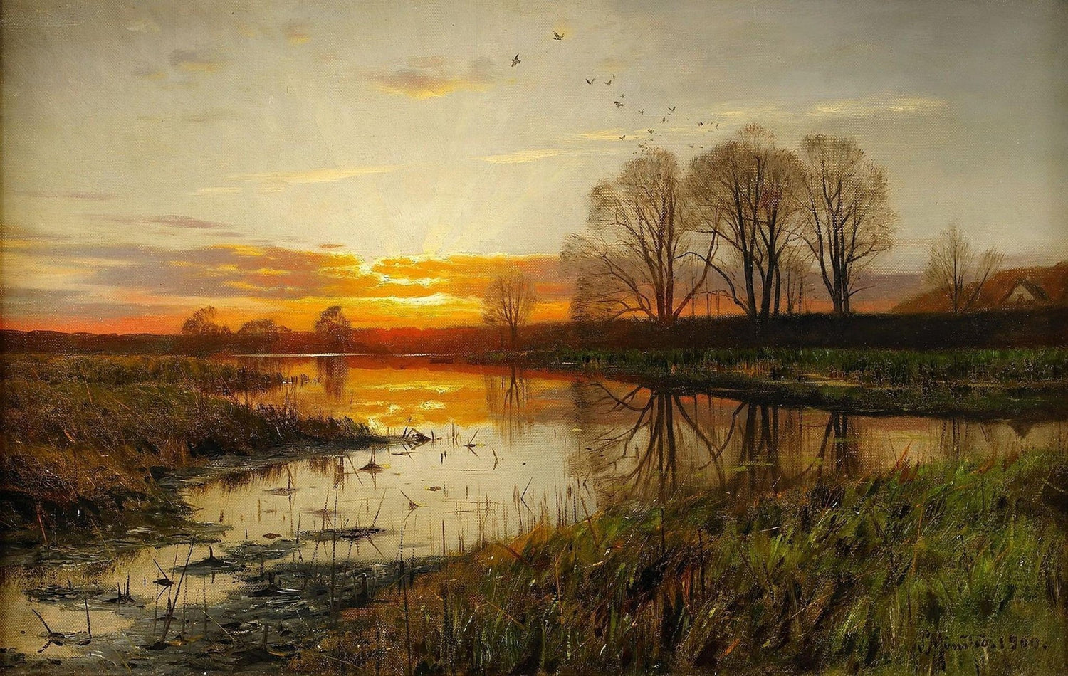 Hand-painted sunset river with reflections and trees landscape oil painting on canvas