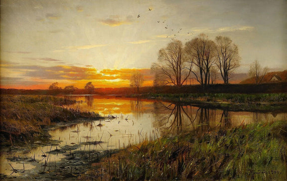 Hand-painted sunset river with reflections and trees landscape oil painting on canvas