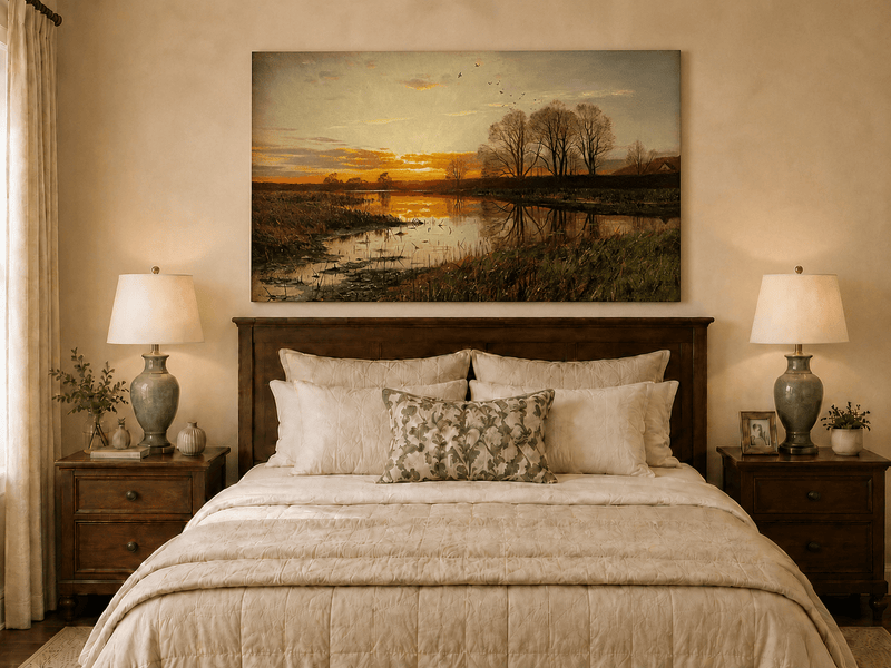 Landschaftsgemälde in Öl – Winterliche Flusslandschaft mit Figuren und Pferden