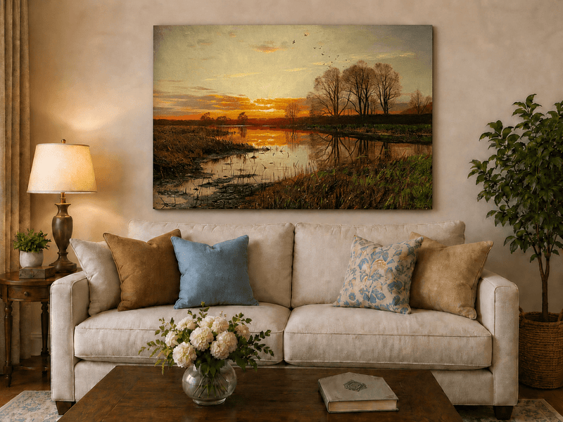 Landschaftsgemälde in Öl – Winterliche Flusslandschaft mit Figuren und Pferden