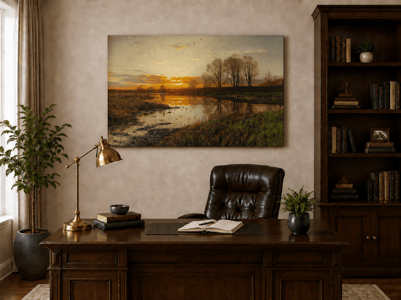 Landschaftsgemälde in Öl – Winterliche Flusslandschaft mit Figuren und Pferden
