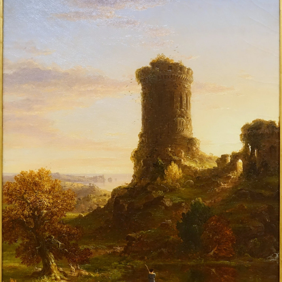 Hand-painted sunset ruins tower and lake landscape oil painting on canvas