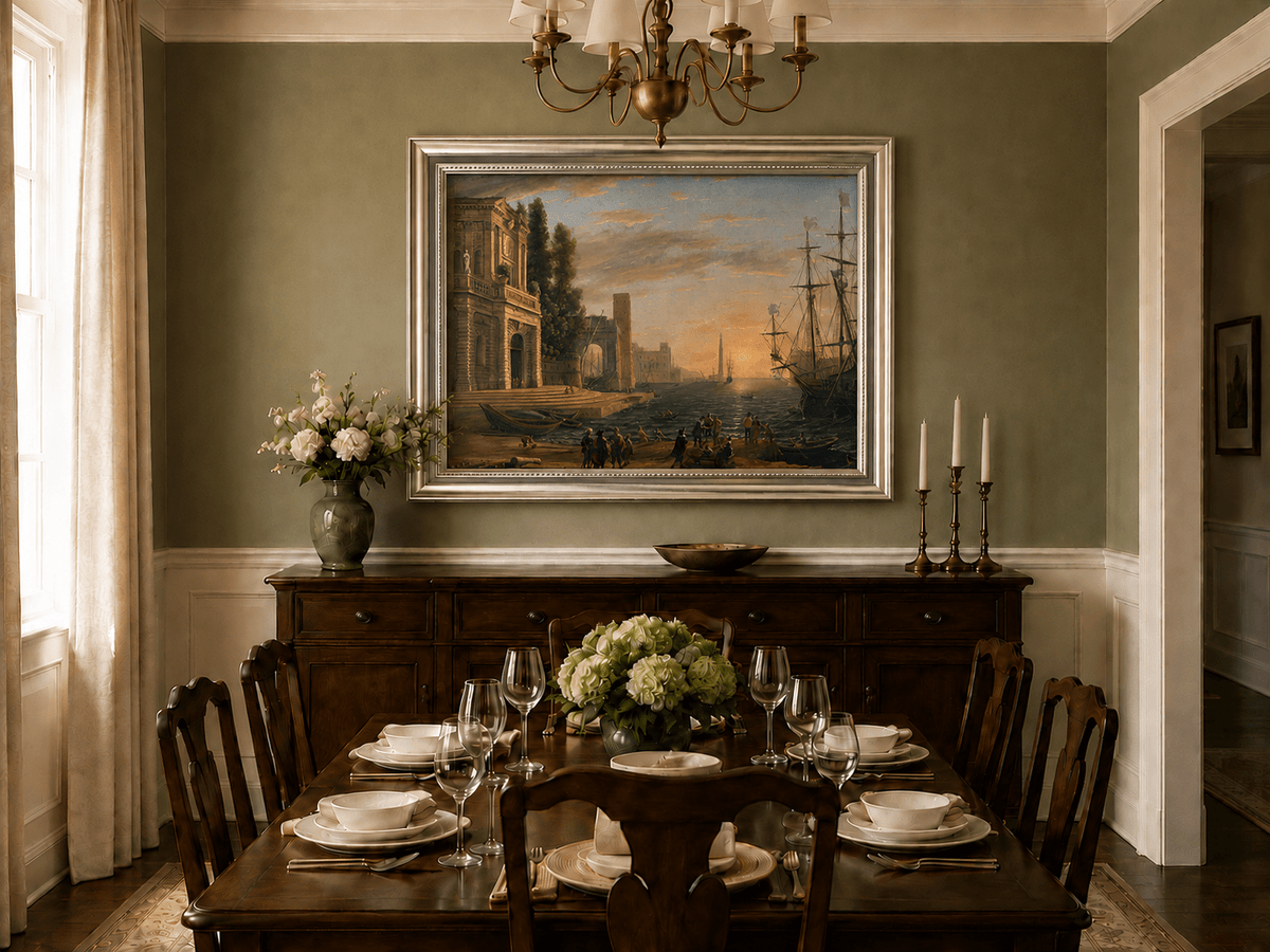 Landscape Oil Painting - Sunset Seaport Classical Buildings