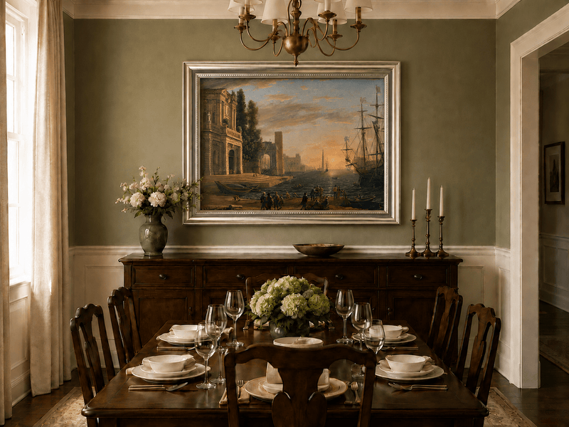 Landscape Oil Painting - Sunset Seaport Classical Buildings