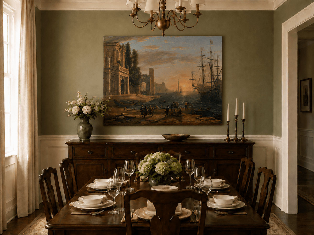 Landscape Oil Painting - Sunset Seaport Classical Buildings
