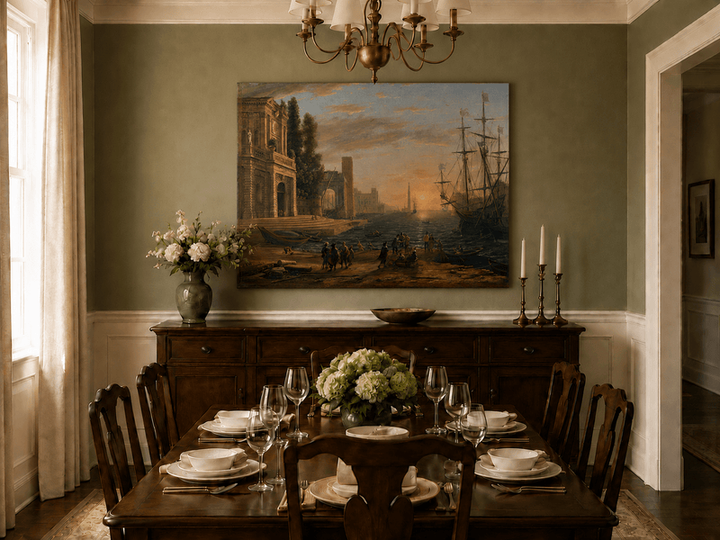 Landscape Oil Painting - Sunset Seaport Classical Buildings
