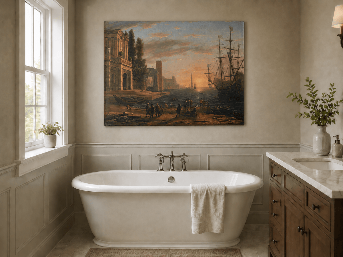 Landscape Oil Painting - Sunset Seaport Classical Buildings