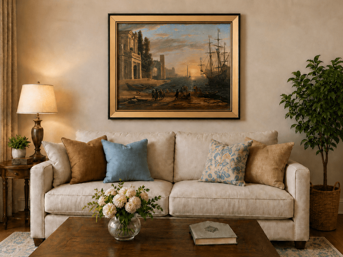 Landscape Oil Painting - Sunset Seaport Classical Buildings