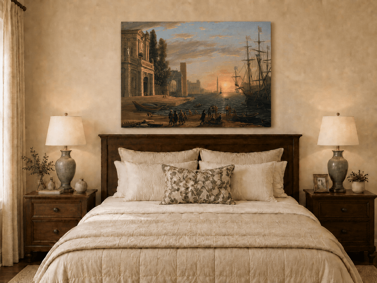 Landscape Oil Painting - Sunset Seaport Classical Buildings