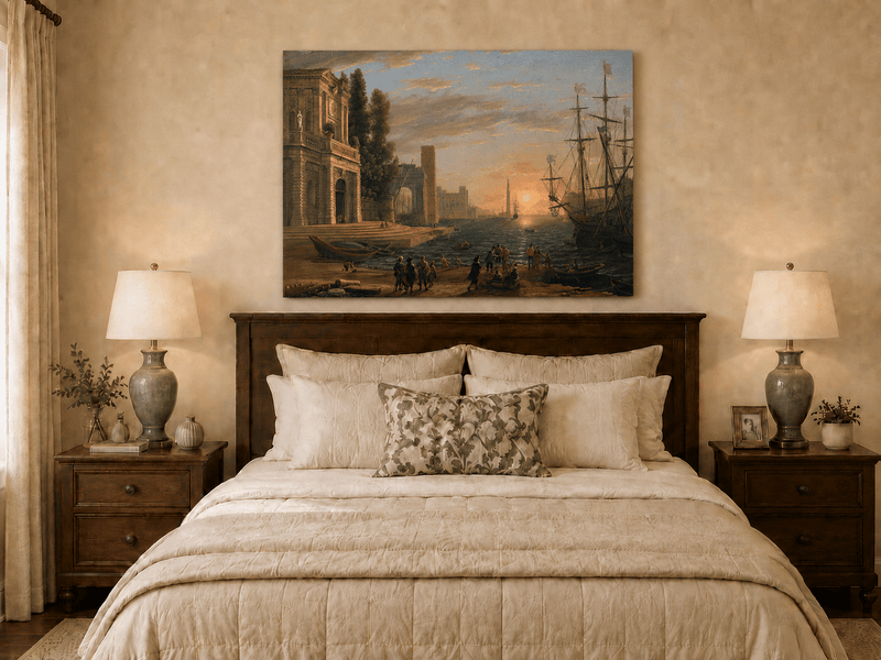 Landscape Oil Painting - Sunset Seaport Classical Buildings