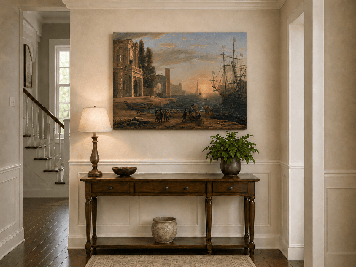Landscape Oil Painting - Sunset Seaport Classical Buildings
