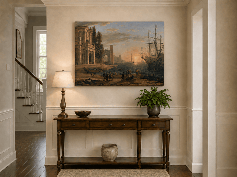 Landscape Oil Painting - Sunset Seaport Classical Buildings