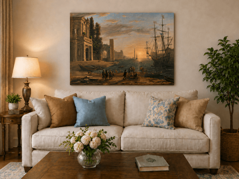 Landscape Oil Painting - Sunset Seaport Classical Buildings