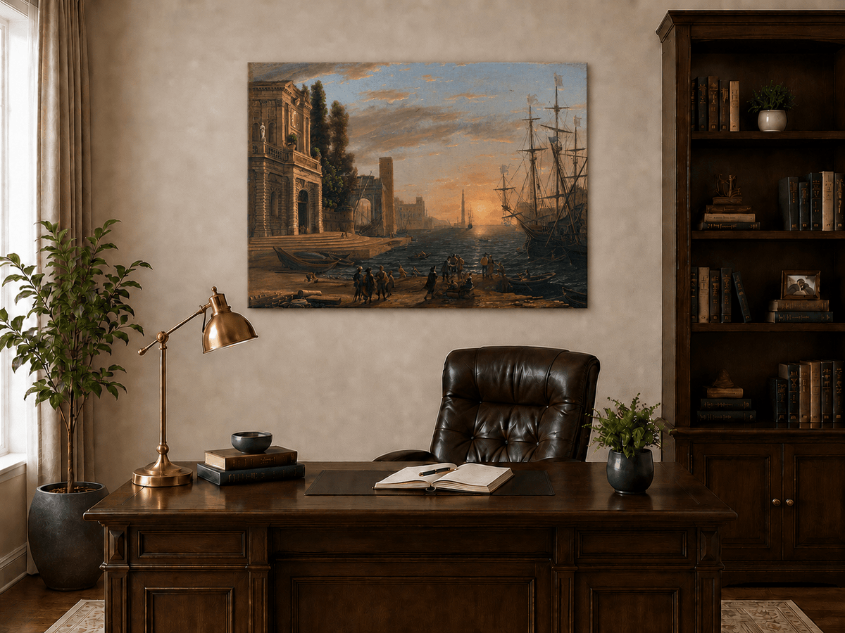 Landscape Oil Painting - Sunset Seaport Classical Buildings