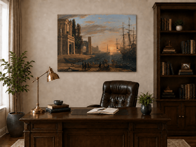 Landscape Oil Painting - Sunset Seaport Classical Buildings