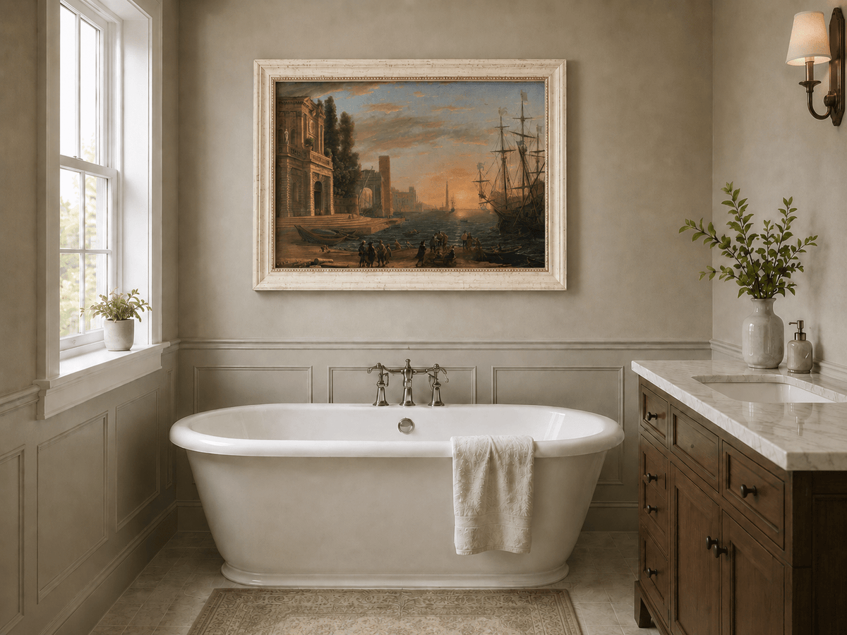Landscape Oil Painting - Sunset Seaport Classical Buildings