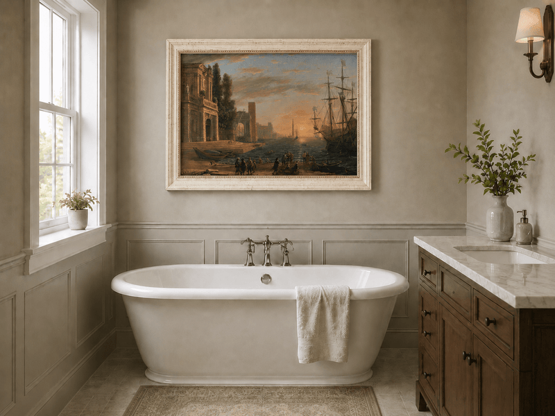 Landscape Oil Painting - Sunset Seaport Classical Buildings