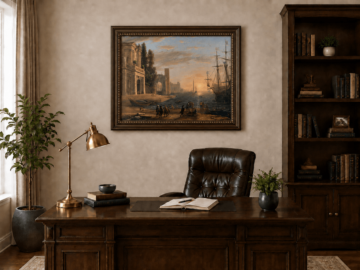 Landscape Oil Painting - Sunset Seaport Classical Buildings