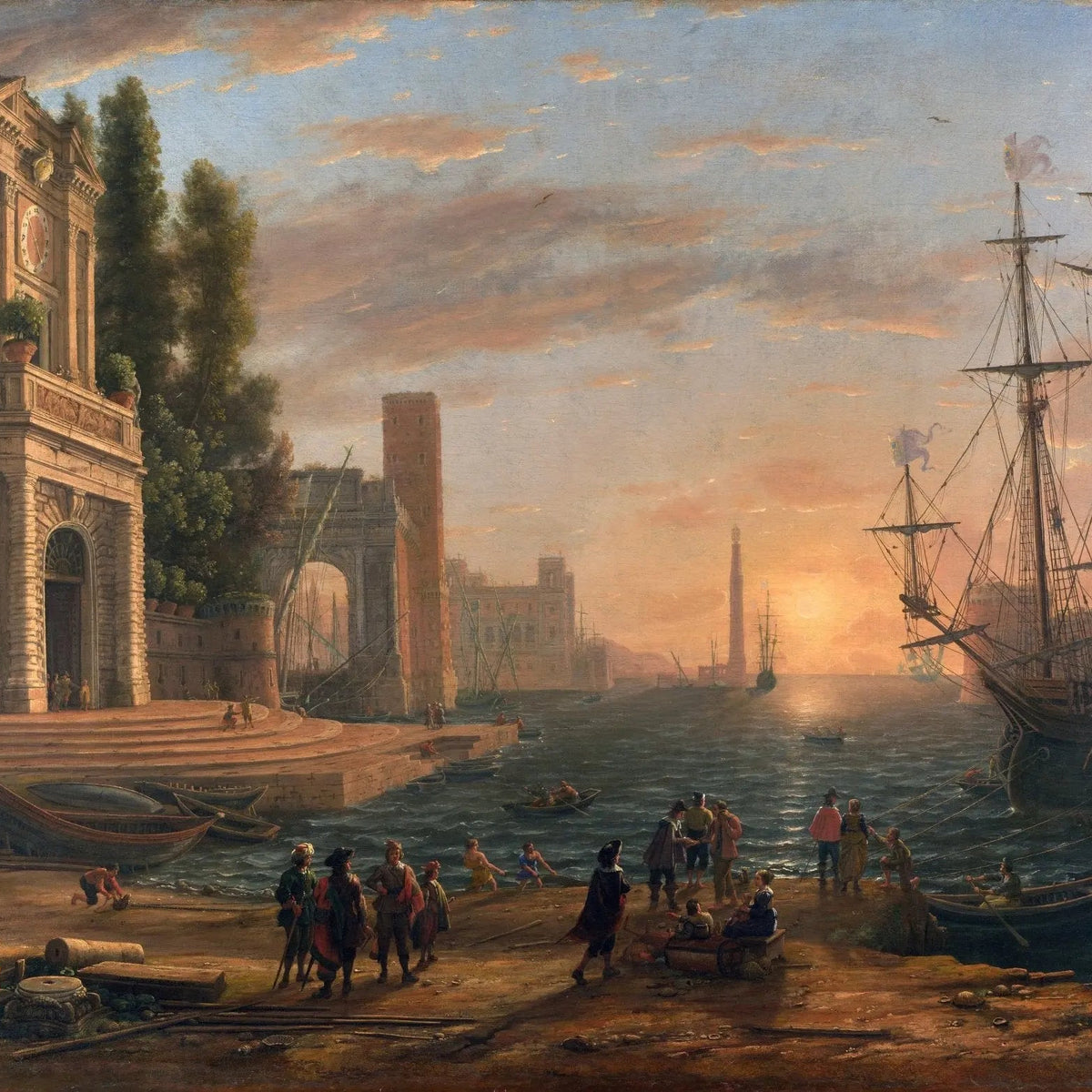 Landscape Oil Painting - Sunset Seaport with Classical Buildings and Ships - Oil Painting Haven