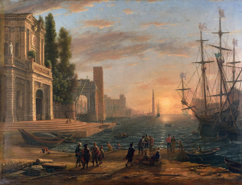 Landscape Oil Painting - Sunset Seaport with Classical Buildings and Ships - Oil Painting Haven