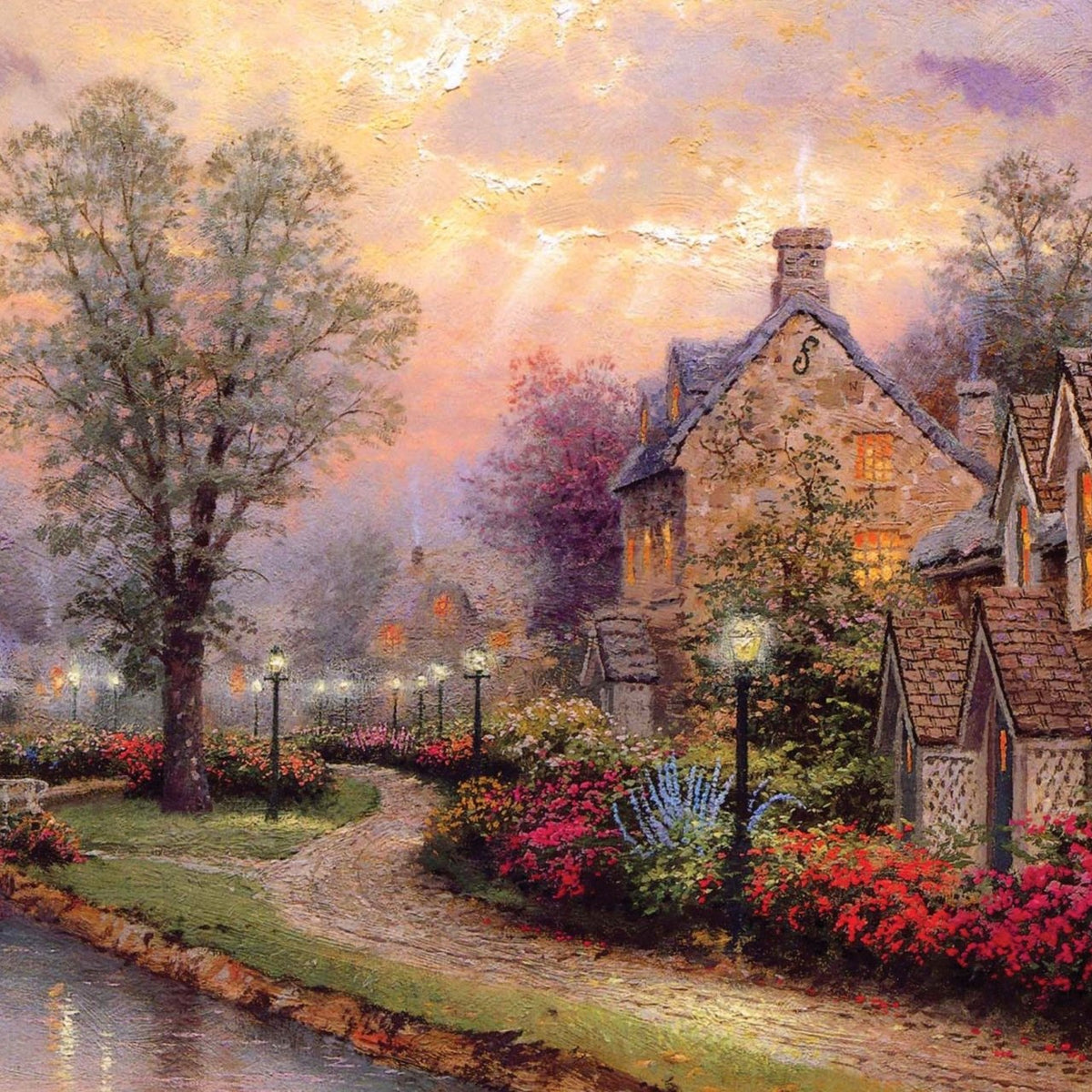Landscape Oil Painting - Sunset Stone Village With Canal & White Bridge - Oil Painting Haven