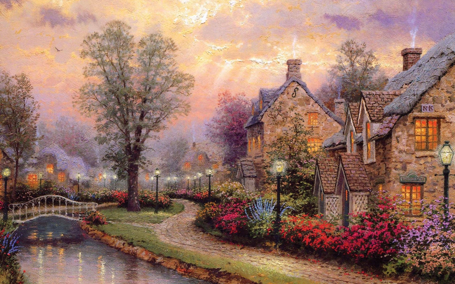 Landscape Oil Painting - Sunset Stone Village With Canal & White Bridge - Oil Painting Haven
