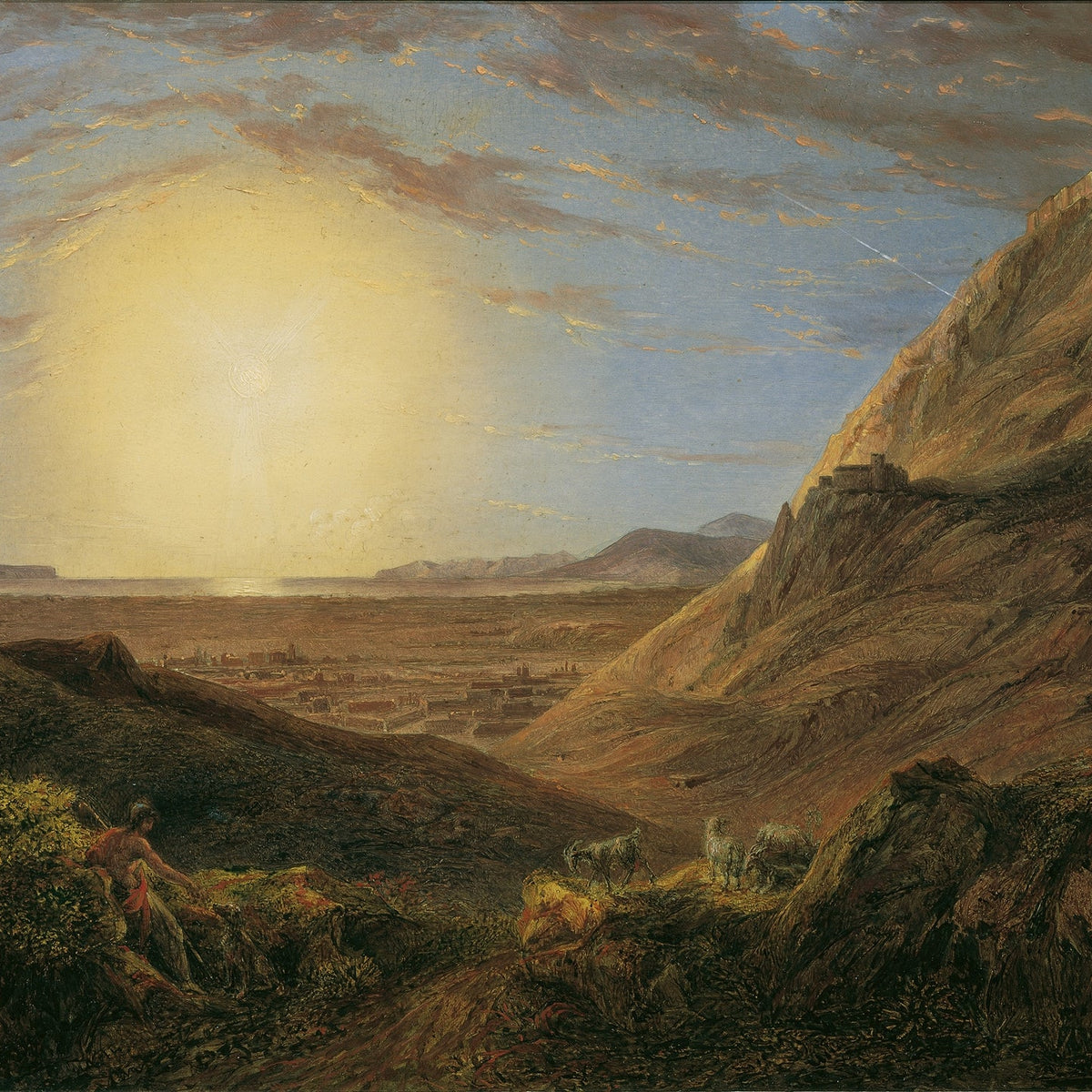 Hand-painted sunset valley, fortress and grazing sheep landscape oil painting on canvas