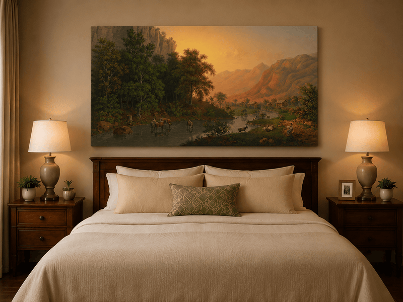 Landscape Oil Painting - Sunset Valley River and Woodland Scene