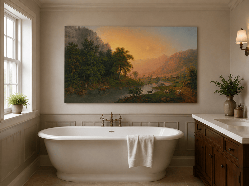 Landscape Oil Painting - Sunset Valley River and Woodland Scene