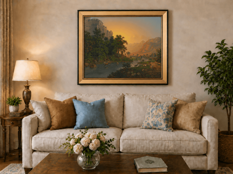 Landscape Oil Painting - Sunset Valley River and Woodland Scene