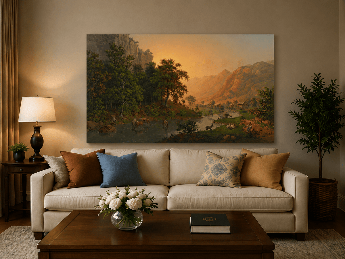 Landscape Oil Painting - Sunset Valley River and Woodland Scene