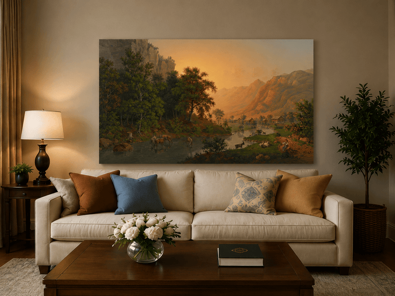 Landscape Oil Painting - Sunset Valley River and Woodland Scene