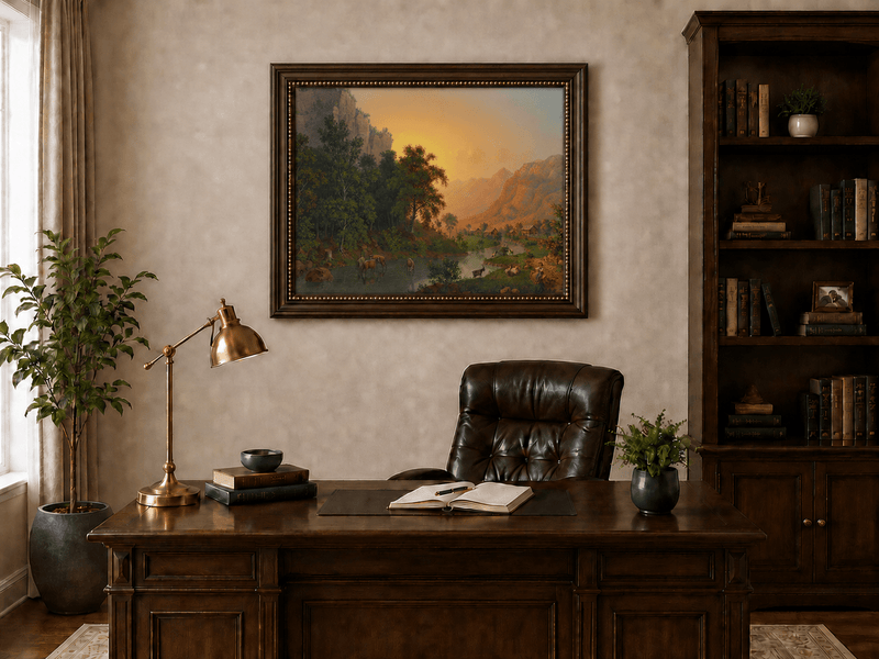 Landscape Oil Painting - Sunset Valley River and Woodland Scene