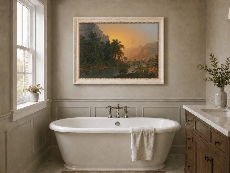 Landscape Oil Painting - Sunset Valley River and Woodland Scene