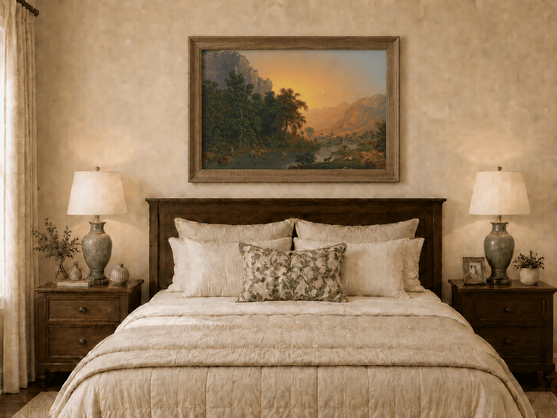 Landscape Oil Painting - Sunset Valley River and Woodland Scene