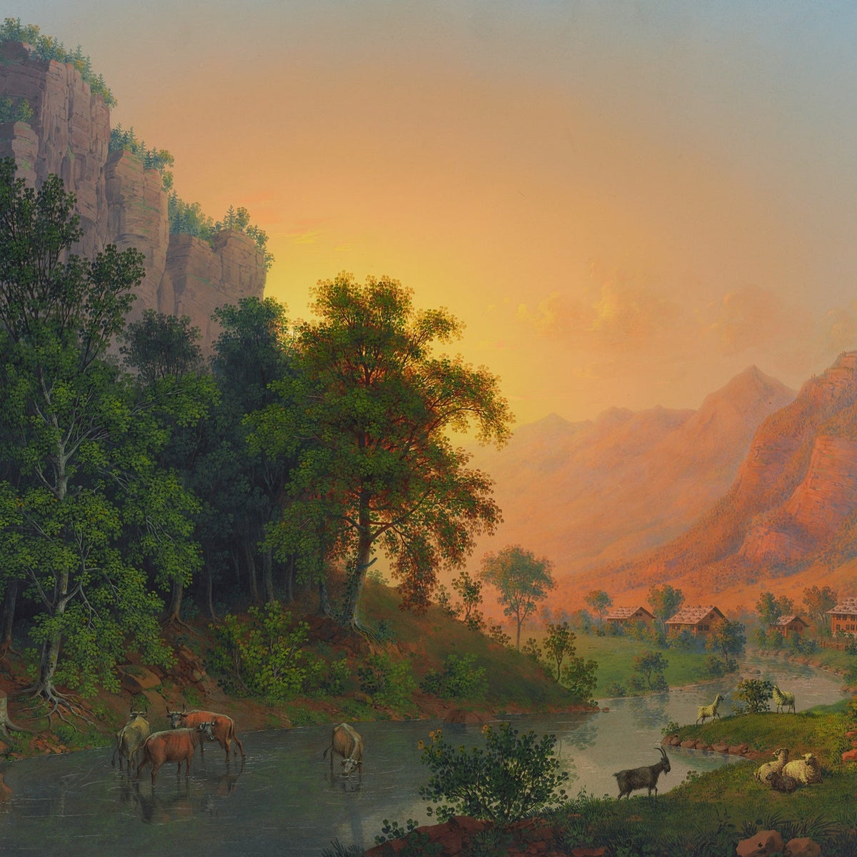 Hand-painted sunset valley river and woodland scene landscape oil painting on canvas