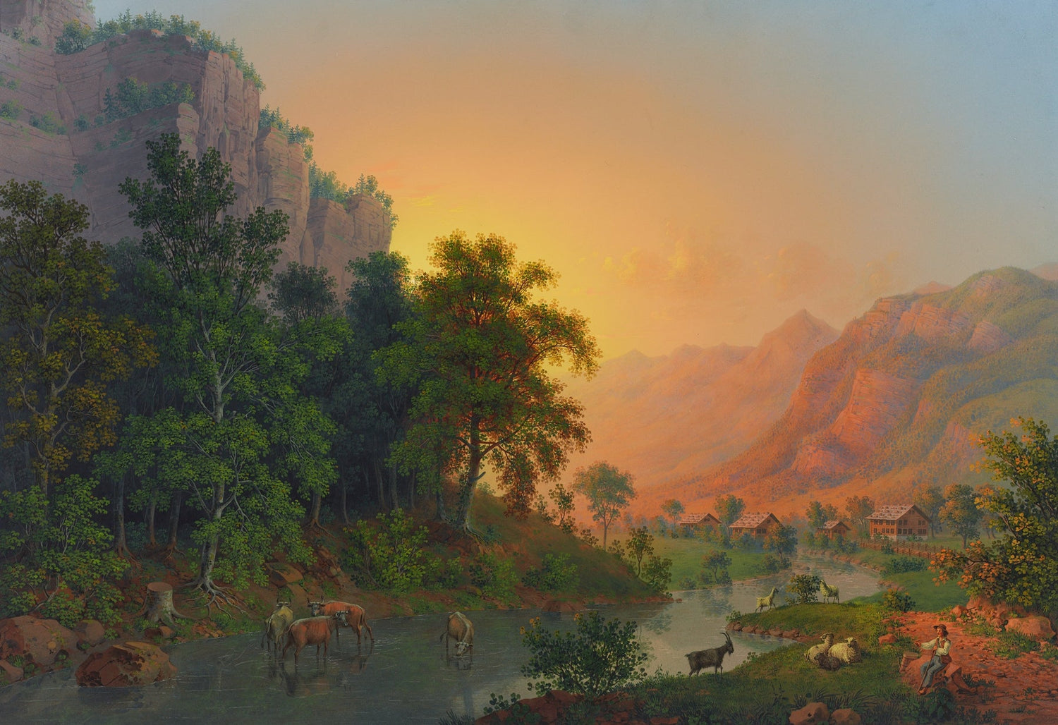 Hand-painted sunset valley river and woodland scene landscape oil painting on canvas