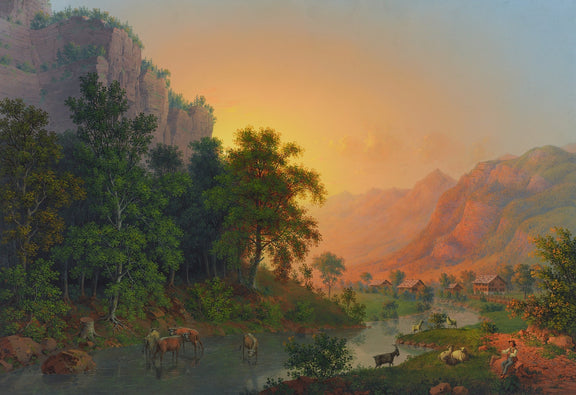 Hand-painted sunset valley river and woodland scene landscape oil painting on canvas