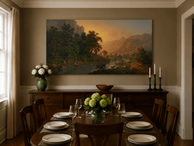 Landscape Oil Painting - Sunset Valley River and Woodland Scene