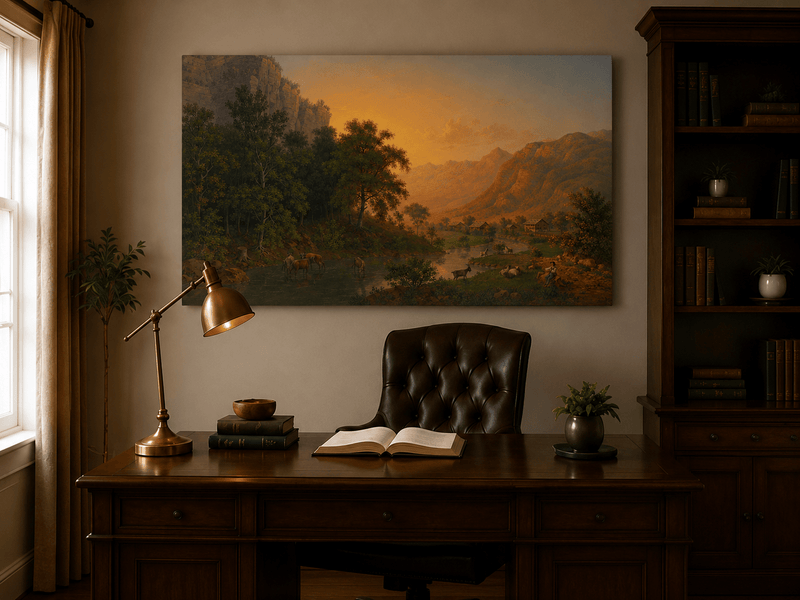 Landscape Oil Painting - Sunset Valley River and Woodland Scene