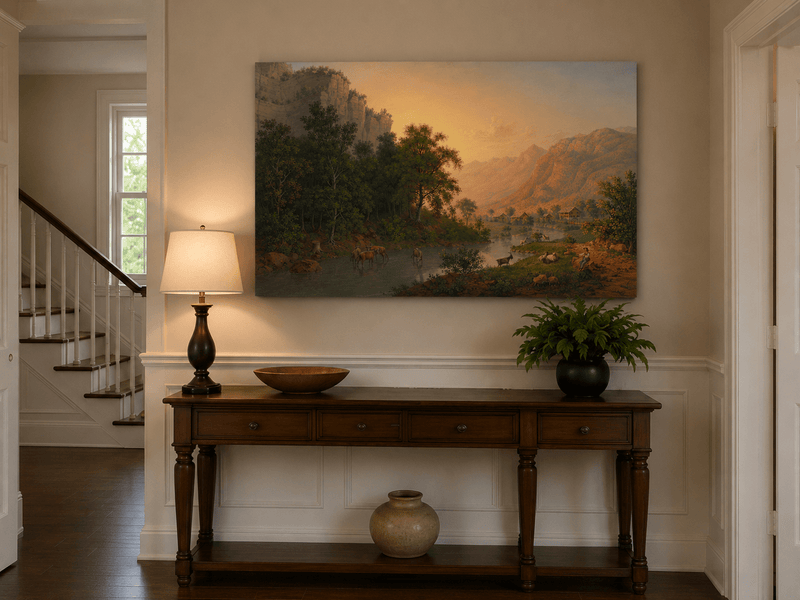 Landscape Oil Painting - Sunset Valley River and Woodland Scene