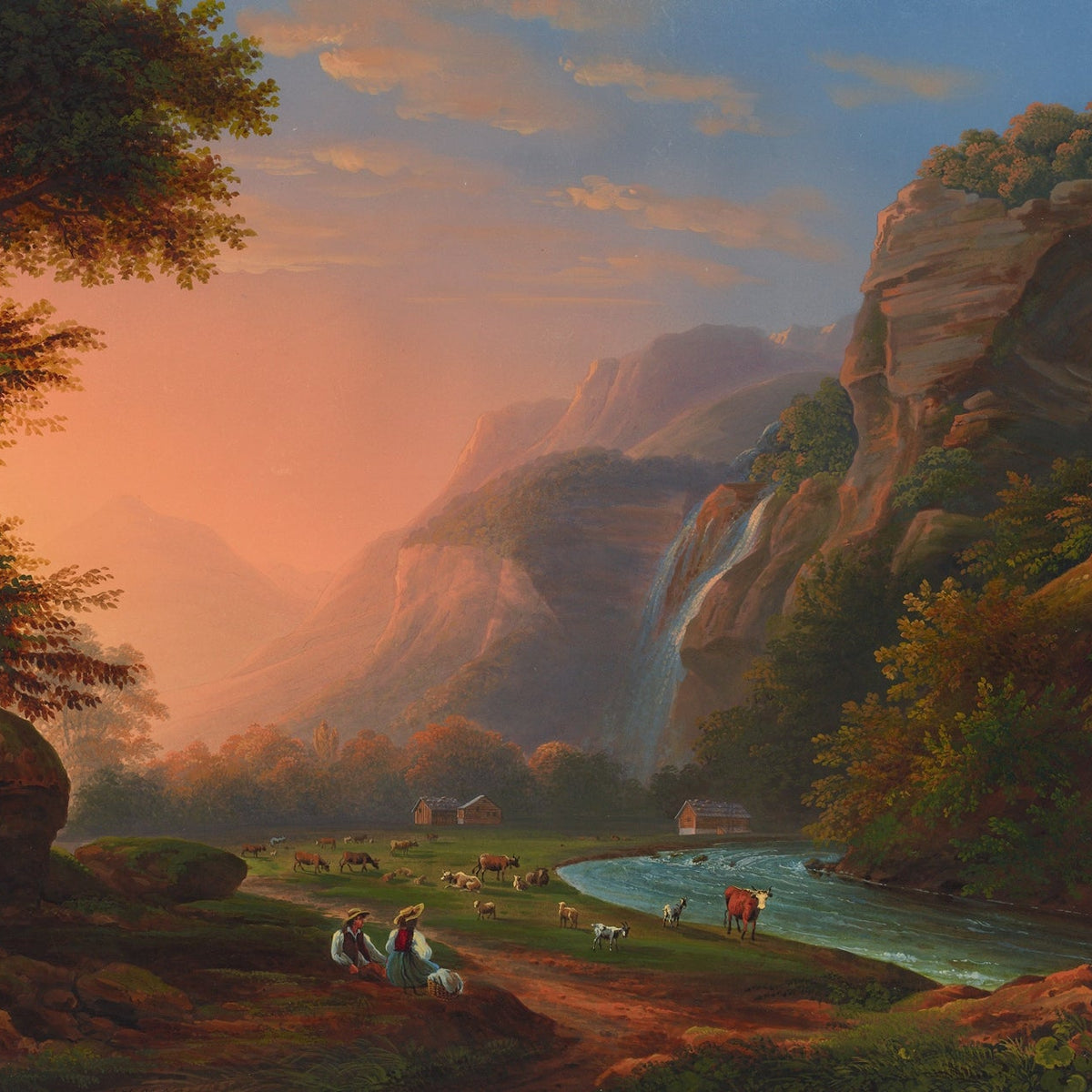 Hand-painted sunset valley waterfall and river scene landscape oil painting on canvas