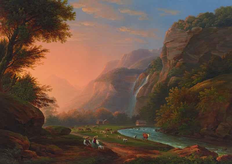 Hand-painted sunset valley waterfall and river scene landscape oil painting on canvas