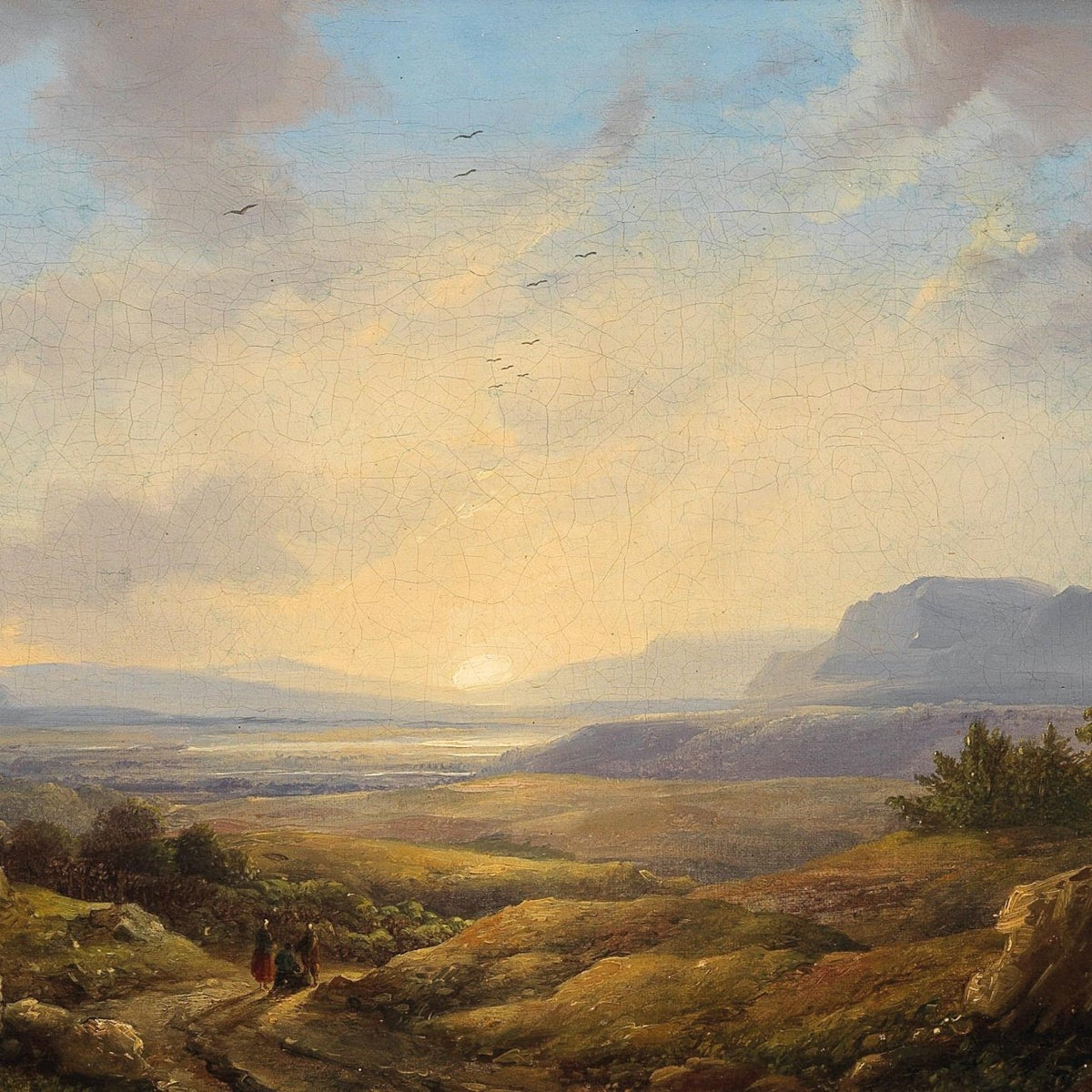 Hand-painted sunset valley with distant mountains landscape oil painting on canvas