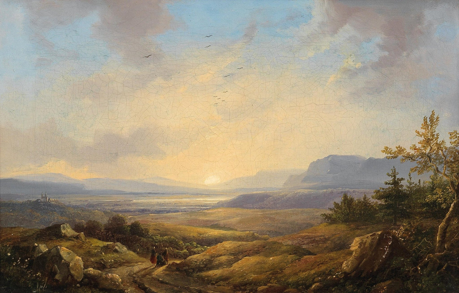 Hand-painted sunset valley with distant mountains landscape oil painting on canvas