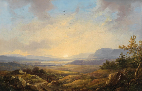 Hand-painted sunset valley with distant mountains landscape oil painting on canvas